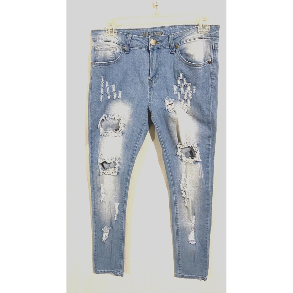 V.I.P Womens Distressed Destroyed Skinny Jeans Sz 7 Juniors Light Blue Wash